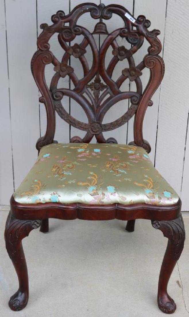 UNUSUAL EARLY 19TH C. CARVED TEAK SIDE CHAIR WITH: SLIP SEAT, CARVED QUEEN ANNE LEGS, POSSIBLY MADE FOR DUTCH COLONIAL AREA OF INDONESIA, 39 1/2" H, 24" W, 18" D, 19" SEAT HEIGHT