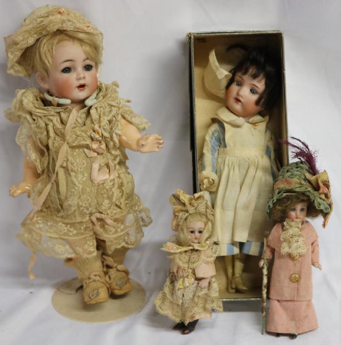 LOT OF 4 LATE 19TH C. BISQUE HEAD DOLLS TO: INCLUDE SIMON HALBIG, 9 1/2" H, OLD CLOTHES, AM390 NURSE, POSSIBLY ORIGINAL BOX, 8 1/2" H, PORCELAIN FASHION DOLL 8 1/2" H & FASHION DOLL 4 1/2"