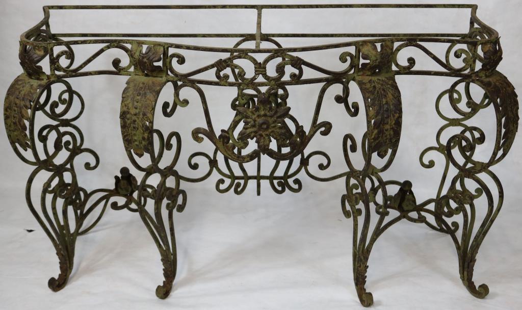 EARLY 20TH C. WROUGHT IRON CONSOLE TABLE MISSING: GRASS OR MARBLE TOP, 33" H, 59" W, 12 1/2" D