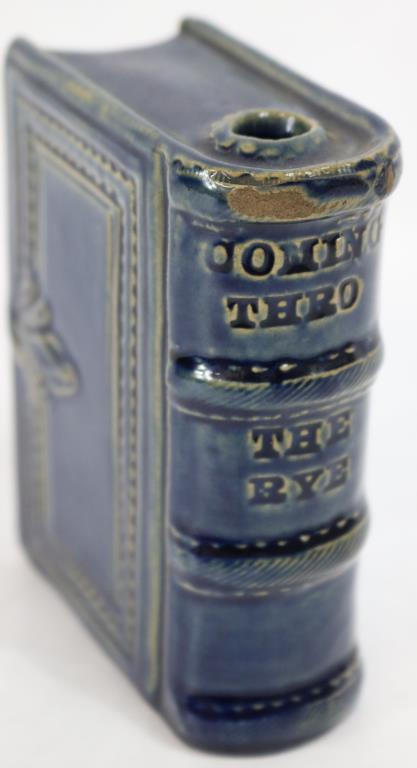 19TH C. STONEWARE BOOK BOTTLE BLUE COBALT GLAZE,: POSSIBLY BY JEFF ORES POTTERY PHILADELPHIA, VIEW AT UNIVERSITY OF VIRGINIA, RICHMOND, 4 1/2" H, 1 5/8" W, 3 1/2" D