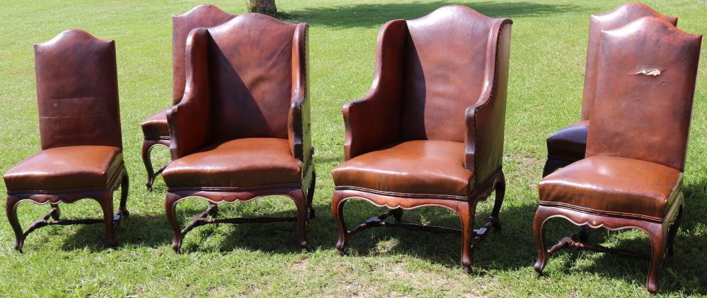 SET OF CUSTOM BENCH MADE LATE 19TH C. FRENCH: PROVINCIAL DINING CHAIRS, BROWN LEATHER UPHOLSTERY, SHOWS CRACK & TEARS TO LEATHER, ARM CHAIRS 43" H, 26" W, 28" D, 17 1/2" SEAT HEIGHT, SIDE CHAIRS 41 1/2" H, 20 1/2" W, 19" DEEP, 18" SEAT HEIGHT