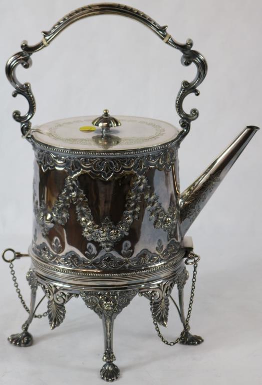 EXCEPTIONAL 19TH C. ENGLISH SILVER PLATED KETTLE: ON STAND, ANGUS LIVERPOOL, ORNATE EMBOSSED DESIGN LION HEAD BASE, 15 3/4" H, 11" W, 7 1/2" D