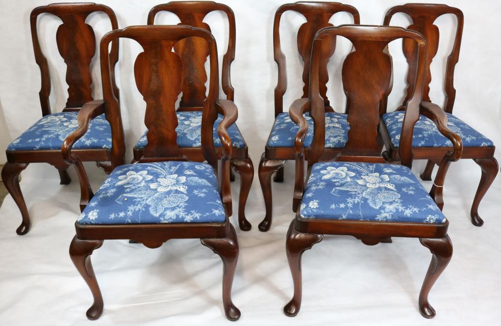 SET OF 6 BENCH MADE MAHOGANY QUEEN ANNE STYLE: DINING CHAIRS, 2 ARM, 4 SIDE, APPROX. 38 1/2" H, 21 1/2" + 22 1/2" W, 17 1/2" SEAT HEIGHT, SHOWS OLD REPAIRS