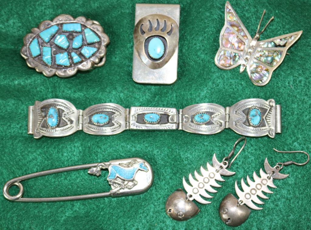 LOT OF SOUTHWEST JEWELRY WITH TURQUOISE & ABALONE: INCLUDE SIGNED BUCKLE C. JULE, WATCH BAND, BLANKET PIN WITH HORSE, MEXICAN SILVER EARRINGS & BUTTERFLY PIN AND A MONEY CLIP