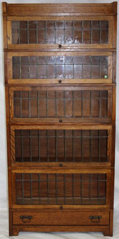 MISSION OAK 5 STACK BOOKCASE WITH 1 DRAWER,: LEADED GLASS DOORS, REFINISHED CONDITION, BANDED SIDES, 75" H, 34 1/2" W, 11" D