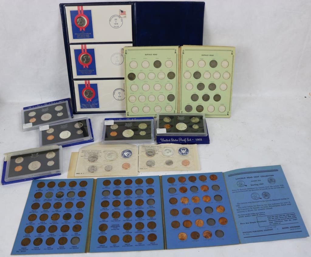 COIN COLLECTION TO INCLUDE 13 BUFFALO NICKELS, 75: LINCOLN PENNIES, 1941 & UP, TWO 1965, SPECIAL MINT KENNEDY HALF SETS, 1968-1972 PROOF SETS AND A 3 PC. NEW AMERICAN DOLLAR FIRST DAY OF ISSUE COVERS WITH COINS FROM PHILADELPHIA, DENVER & SAN FRANCISC