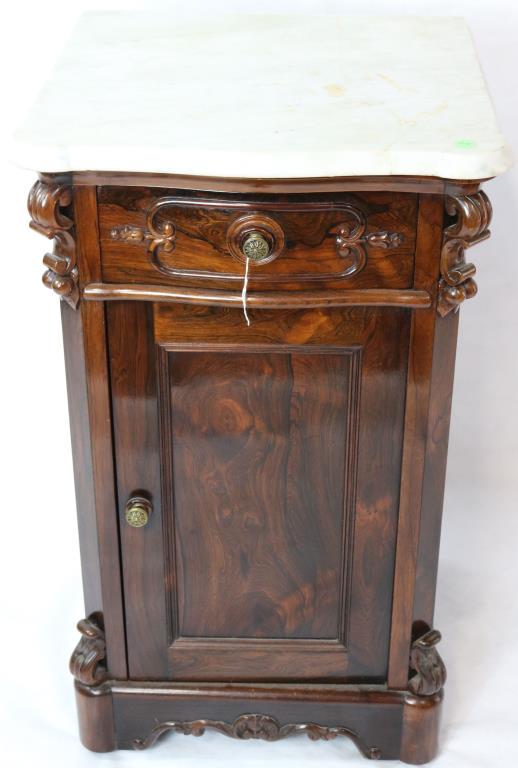 19TH C. ROSEWOOD VENEERED MARBLE TOP HALF COMMODE: WITH COOKIE CORNERS, REFINISHED CONDITION, 1 DRAWER OVER 1 DOOR, 31 3/4" H, 18 3/4" W, 17 3/4" D