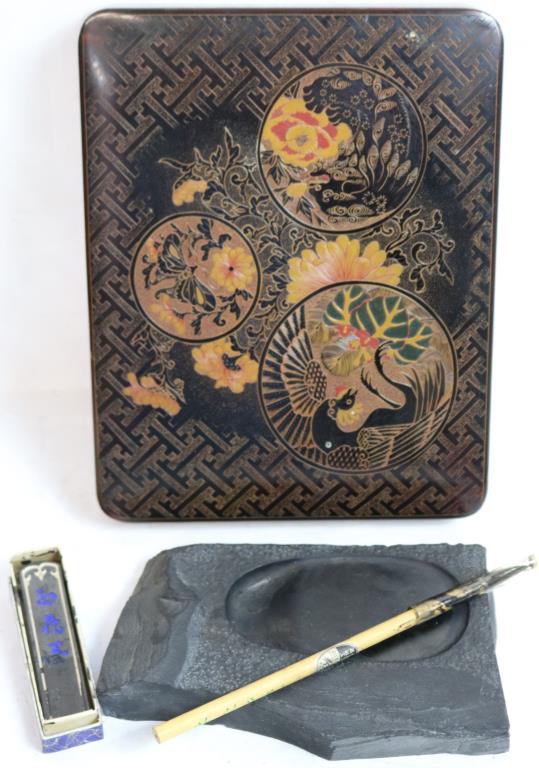 EARLY 20TH C. ASIAN LACQUERED BOX WITH CARVED: STONE, ARTISTS CALLIGRAPHY STONE WITH BRUSH AND TABLET, STONE IS 1" H, 7" L, 4" W BOX, 1 1/2" H, 9 1/4" W, 9 1/2" L