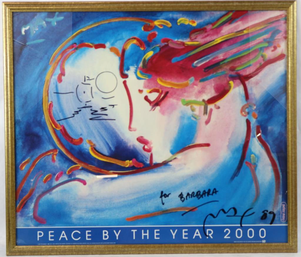 FRAMED & GLAZED PETER MAX POSTER "PEACE BY THE: YEAR 2000" DEDICATED TO BARBARA SIGNED BY PETER MAX, 2008, 25 3/4" X 29 3/4" OVERALL, 23 1/2" X 27 1/2" SIGHT