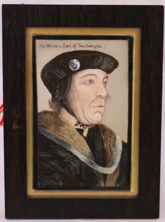 UNUSUAL WATERCOLOR & NEEDLEPOINT PORTRAIT OF FITZ: WILLIAM, EARL OF SOUTH HAMPTON, ROSEWOOD FRAME, 9 1/2" X 7" OVERALL, 7" X 4 1/4" SIGHT