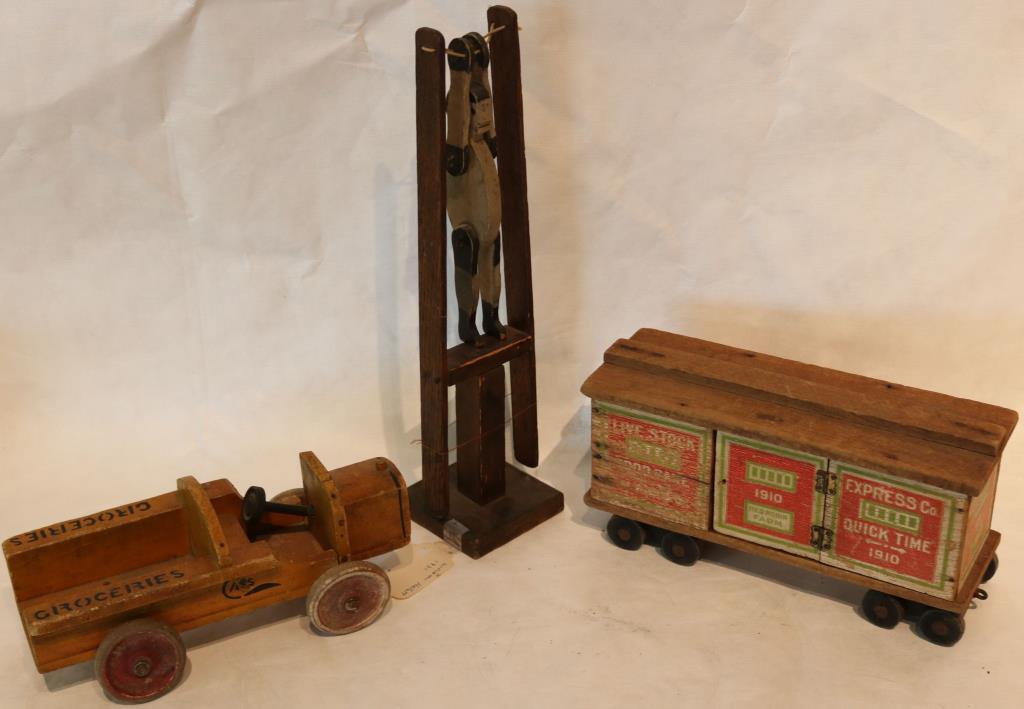 LOT OF 3 MISC. WOODEN TOYS TO INCLUDE ACROBAT,: CONVERSE RED ROBIN, FARM FLOOR TOY & CASS WOODEN TRUCK, 4 1/2" - 14 1/2" H, 3 1/2" 10 1/2" L, ACROBAT C. 1931 MADE BY WILLIAM HALLETT