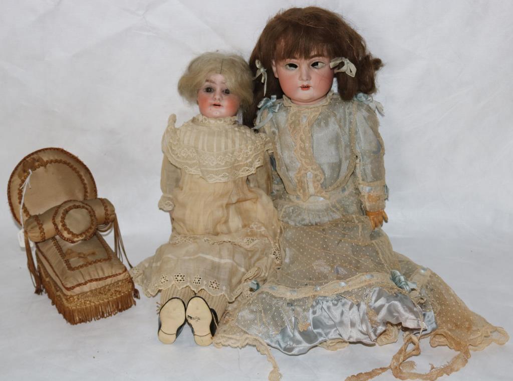 2 VINTAGE BISQUE HEAD DOLLS, ONE IS 18" OPEN: MOUTH, CLOTH BODY COMPOSITION ARMS, MARKED ALMA, TOGETHER WITH 20" MADE IN GERMANY #13, COMPOSITION, JOINTED BODY, SOME LOSS TO FINISH, EYES FALLEN INTO HEAD TOGETHER WITH SOFA STYLE PIN CUSHION, 7" H