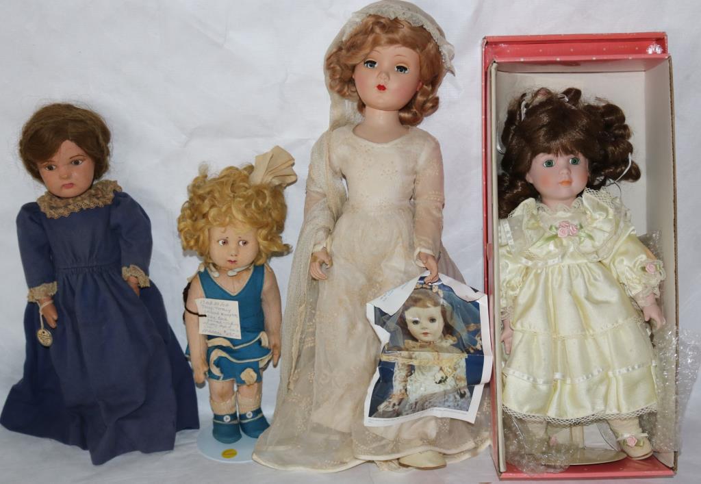 LOT OF 4 DOLLS TO INCLUDE 13" LENCI STYLE DOLL: WITH PAINTED FACE, SCHOENHOT WOOD, DOLL 16 1/2" H, JOINTED BODY, 18" SWEET SUE BRIDE DOLL, 18" H BY HJ FOULK & CONTEMPORARY BRADLEYS COLLECTOR DOLL WITH BALL JOINTED HEAD, 15" H