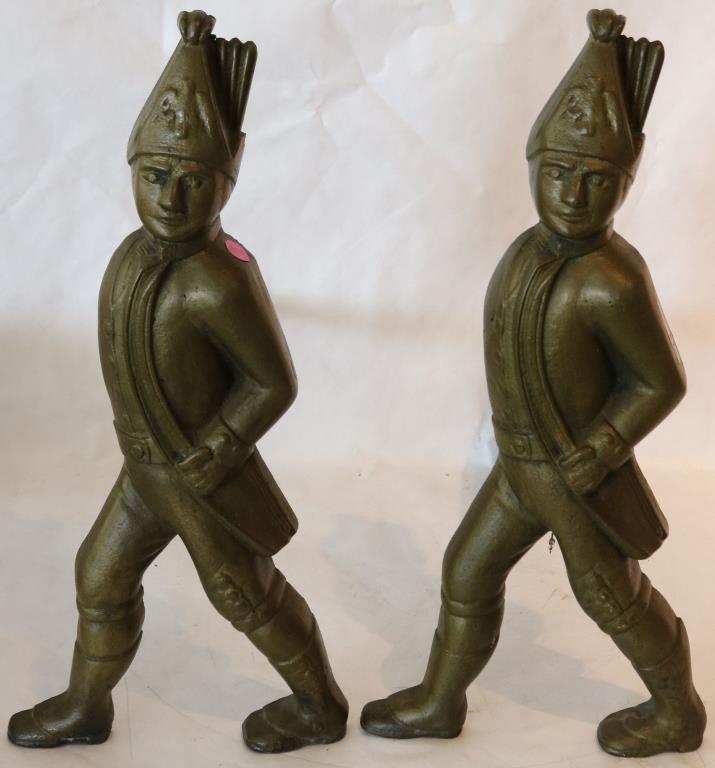 PAIR OF HEAVY CAST BRASS HESSIAN ANDIRONS, 20" H,: 9" W, 19 1/2" DEEP, EARLY 20TH C.