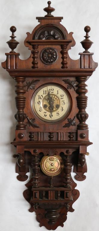 EXCEPTIONAL 19TH C. VICTORIAN WALNUT WALL CLOCK,: GERMAN MOVEMENT, TIME & STRIKE, CLEAN ORIGINAL FINISH, 42" H, 17 1/2" W, 7 1/2" DEEP