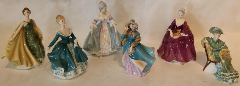 LOT OF 6 ROYAL DALTON FIGURES TO INCLUDE JANINE,: 7 1/2" H, ASCOT 6" H, SOUTHERN BELL 8" H, CHARLOTTE 7 1/2" H, ALEXANDER 8 1/2" H, DELPHINE 7 1/4" H