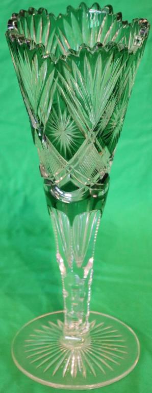 VICTORIAN CUT OVERLAY FLARED VASE, GREEN CUT TO: CLEAR, ONE TOOTH SHOWS SLIGHT POLISH TO OVERLAY, 12" H, 4 1/2" DIA.