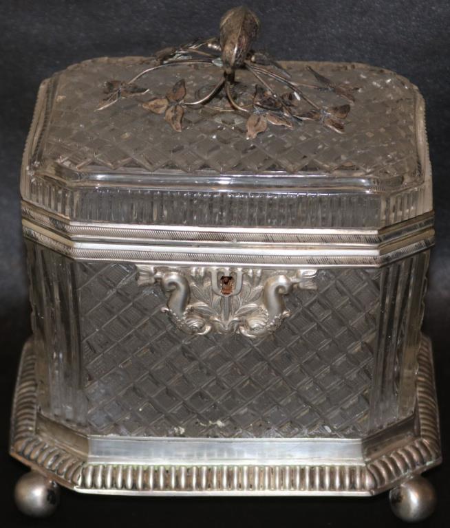 SILVER PLATED MOUNTED CUT GLASS BOX WITH BIRD: FINIAL & FISH ESCUTCHEON, 6 3/4" H, 5 3/4" W, 4 1/4" DEEP