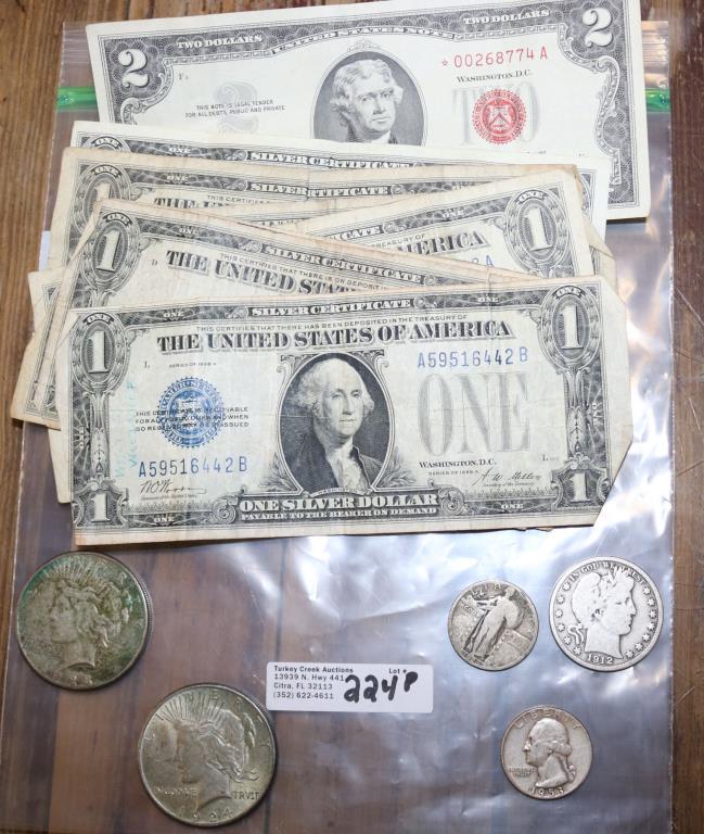 COLLECTION OF SILVER COINS & BILLS TO INCLUDE: 1923 & 1924 SILVER DOLLAR, 1912 D-BARBER HALF, 1926 STANDING LIBERTY QUARTER, 1953 WASHINGTON QUARTER, COLLECTION OF SILVER CERTIFICATES (8) IN USED CONDITION 1928-1937, 1963 $2 BILL, EXCELLENT CONDIT