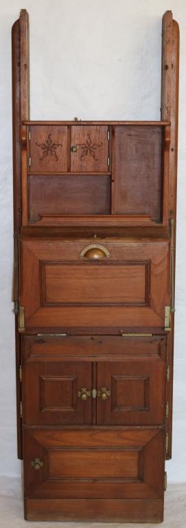 EARLY 20TH C. MAHOGANY SHIP SINK, NICKEL PLATED,: BRASS HARDWARE, VARIOUS COMPARTMENT, TOP SHOWS MISSING PIECE, 67" H, 21" W, 11 1/2" DEEP