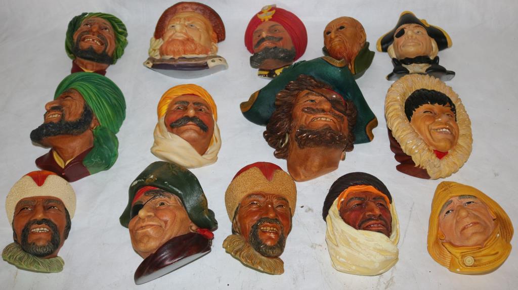 COLLECTION OF 14 PLASTER BUST HEADS BY BOSSON,: ETC. TO INCLUDE PIRATES, FISHERMEN, ESKIMO AND SEVERAL MIDDLE EASTERN, 5" - 7" H, SEVERAL SHOW ROUGHAGE TO PAINT