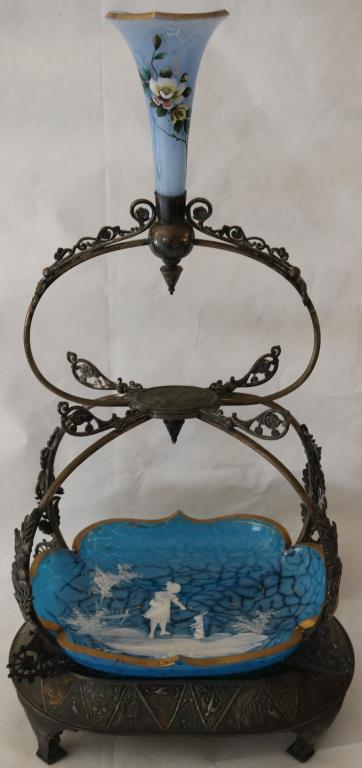 SILVER PLATED EPERGNE WITH ENAMELED FLORAL ART: GLASS VASE, MARY GREGORY, DECORATED TRAY WITH GIRL & RABBIT, ORNATE FRAME, WORN PLATE, 22 1/4" H, 11 1/2" W, 7 1/2" DEEP