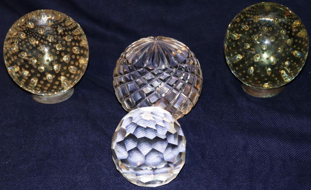 LOT OF 4 PAPERWEIGHTS AND FINIALS TO INCLUDE 3: 3/4" FACETED, 4 1/4" WATERFORD STYLE, 2" - 4 1/2" DIA., CONTROL BUBBLE BALL FINIALS POSSIBLY FOR NEWEL POST