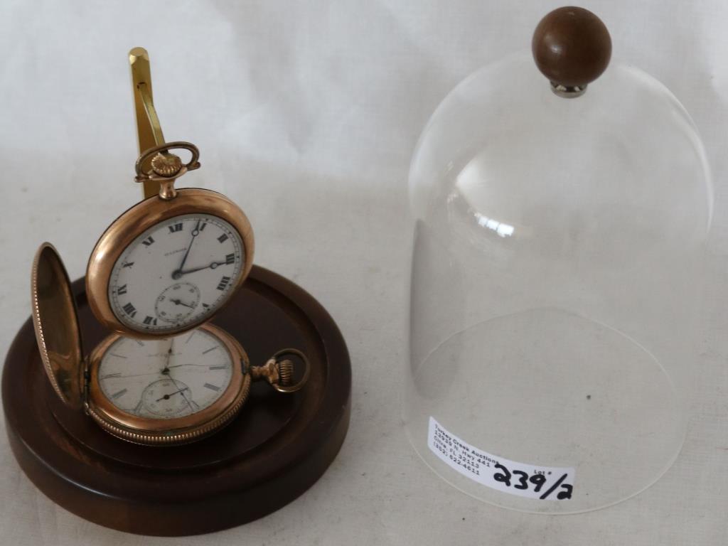 2 GOLD FILLED POCKET WATCHES, 1 HUNTER CASE,: CRACKED BEZEL, NOT WORKING, 1 3/4" W, BY ELGIN, OTHER IS ILLINOIS OPEN FACE 1 3/4" DIA., NOT WORKING, COMES WITH WATCH DOME