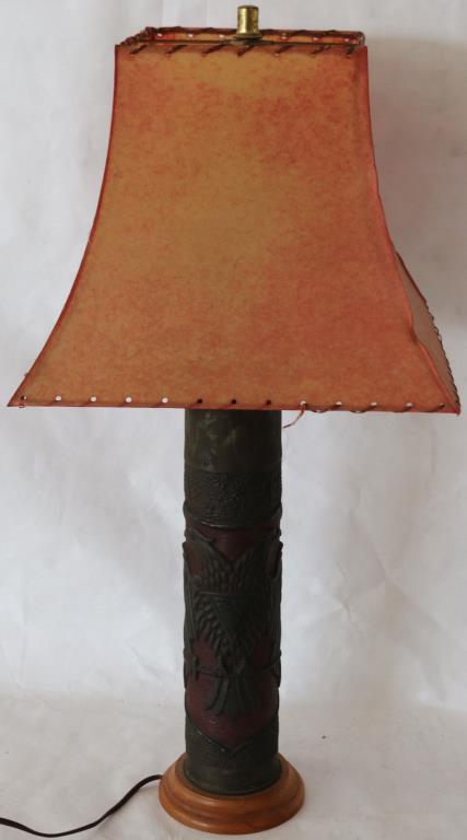 BRASS SHELL ART LAMP WITH 32ND DEGREE MASON: DESIGN FOR GEORGE A WOLD WASHINGTON D.C., SHELL HEIGHT 13 1/2" , OVERALL 25" H