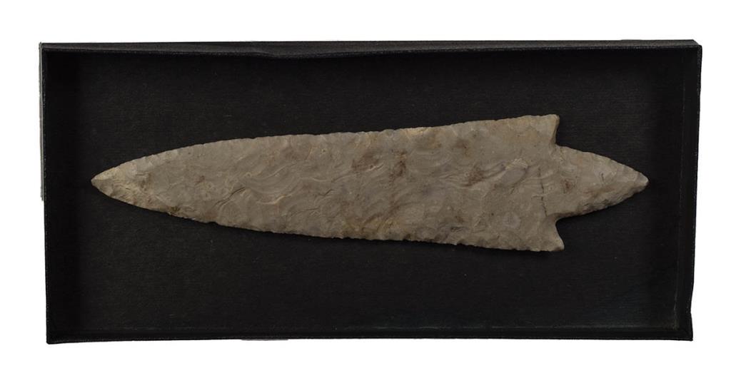 A VERY FINE SPEAR HEAD, FRAMED, FROM THE DR.: WOLFE COLLECTION, NY, 8" L.