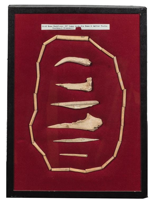BIRD BONE NECKLACE (23), 28" L, WITH SIX BONE AND: ANTLER TOOLS, SOUTHEAST MISSOURI, FRAMED, FROM THE DR. WOLFE COLLECTION, NY.