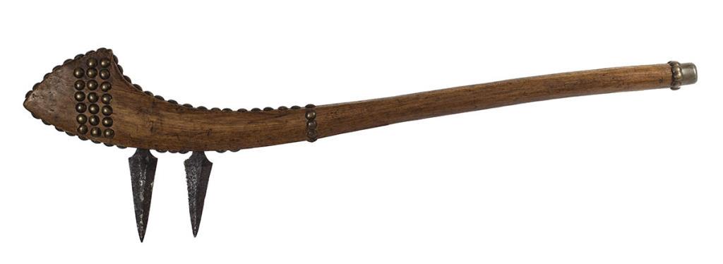 IROQUOIS GUN STOCK BIRCH WAR CLUB, BEADED HEAD: WITH TWO FORGED SPIKE/BLADES, BEADS ON EDGES OF TOP AND BOTTOM, WITH THREE ROWS OF SIX BEADS ON BOTH SIDES, SHAPED PEWTER CUP AT BOTTOM OF HANDLE, FROM THE DR. WOLFE COLLECTION, NY, 24 1/2" L.