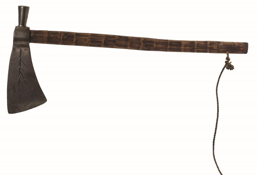 EARLY PIPE TOMAHAWK, FORGED BLADE WITH TREE: DECORATION ON BOTH SIDES, FILE BRANDED HANDLE, OLD BRAIDED LEATHER CORD, FROM THE DR. WOLFE COLLECTION, NY, 8" BLADE, 19" L.
