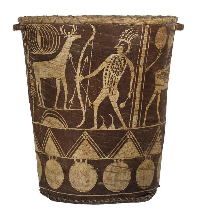 EARLY PENOBSCOT HANDLED BIRCH BARK BASKET,: DECORATED WITH SCENES OF INDIAN WITH BOW AND ARROWS AND WAR CLUB, ANTLERED DEER, MOOSE, TREES, AND GEOMETRIC DESIGNS, (BIRCH BARK REPAIRS INSIDE THE BASE), 13" H, 12" DIA AT TOP.