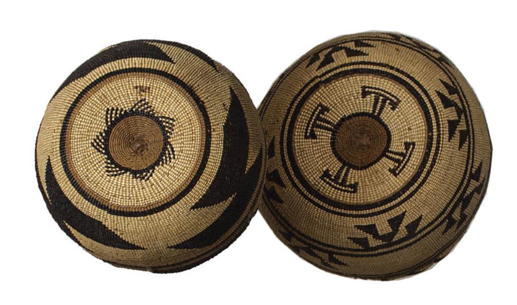 TWO EARLY HUPA BASKETRY BOWLS, NORTHWEST COAST,: VERY FINELY WOVEN WITH EXCEPTIONAL DESIGNS, FROM AN OLD ROCHESTER, NY BASKET COLLECTION, 6 1/2" AND 6 3/4" DIA, 3" H.