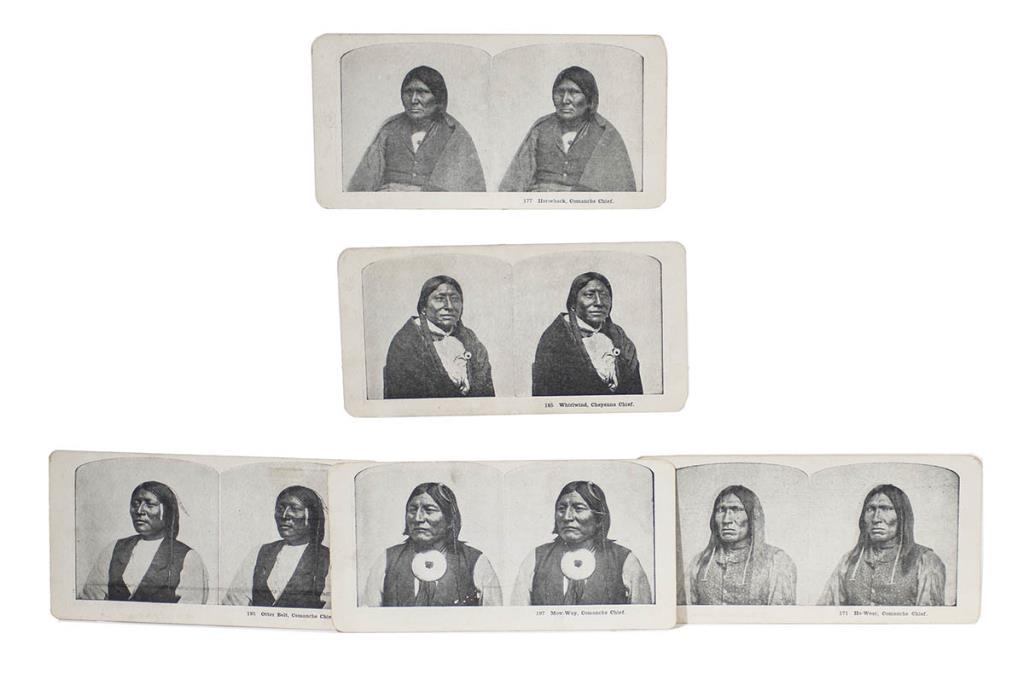 EXCELLENT COLLECTION OF STEREO CARDS AND VIEWER,: 50+ CARDS INCLUDING "GHOST DANCE OF CROW INDIANS", "HEAP WOLVES, COMANCHE CHIEF", "OTTER BELT, COMANCHE CHIEF", SIX MORE CHIEFS, NORTHWEST COAST, PUEBLO CAVES, ETC.