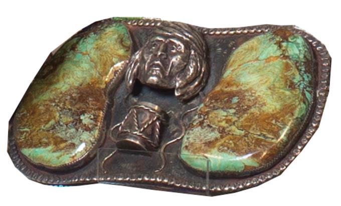 NAVAJO PAWN STERLING SILVER AND TURQUOISE BELT: BUCKLE, WITH SCULPTURAL PORTRAIT OF A NAVAJO OVER A DRUM FLANKED BY 3" MATCHING KINGMAN MINES, MATCHING POLISHED TURQUOISE STONES, KINGMAN, ARIZONA, SIGNED BY NAVAJO ARTIST "J. WHITE", FROM THE DR. WO