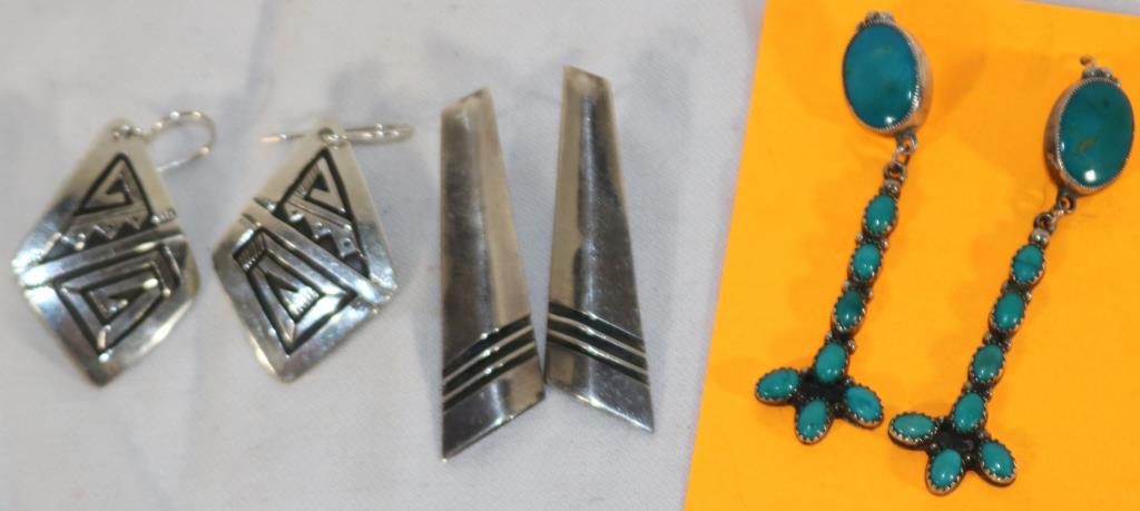 3 PAIRS NAVAJO EARRINGS, VAZI JOHNSON, PETER: NELSON AND ONE UNSIGNED TURQUOISE 1 1/2" - 2 1/2" L