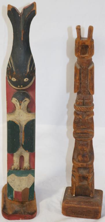 TWO EARLY 20TH C. CARVED & PAINTED NORTH WEST: TOTEMS WITH KILLER WHALE, RAVEN, BEAVER & OTHER MOTIFS, BOTH SHOW MINOR LOSS 15" & 16" H