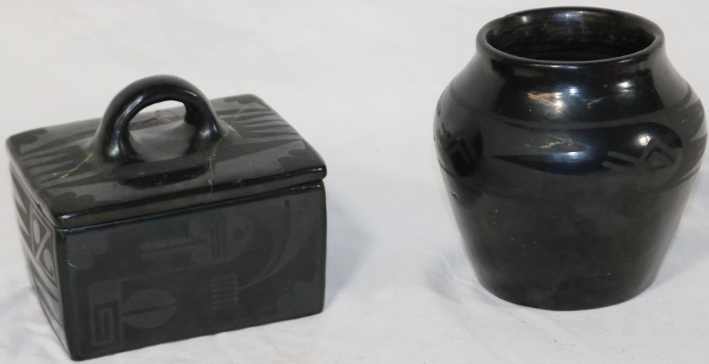 2 PCS. OF SAN ILDEFONSO BY MARIA MARTINEZ BORN: 1887 DIED 1980, VASE HAS CHIP TO LIP, BOX HAS REPAIRED TOP, VASE 5" H, APPROX. 5" DIA., BOX 4" H, 5" W, APPROX. 4" DEEP