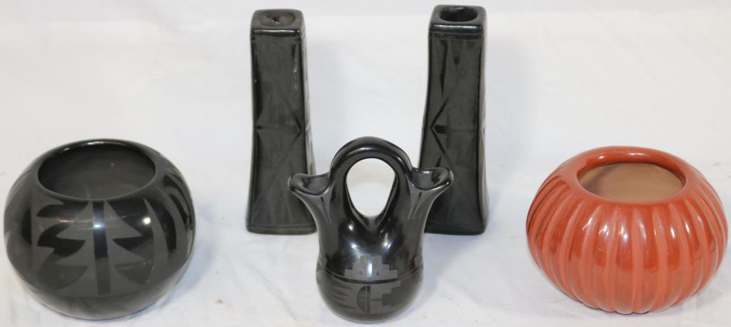 LOT OF 5 SANTA CLARA ITEMS TO INCLUDE PAIR: CANDLESTICKS, WEDDING VASE & 2 OLLAS, 6 3/4" CANDLESTICKS BY REYCITA NARANGO BORN 1926, 5" WEDDING VASE SIGNED ERSULITA NARANJO BORN 1924 DIED 1988, RED OLLA SIGNED ANGELA BACA BORN 1927 DIED 2014, 4"