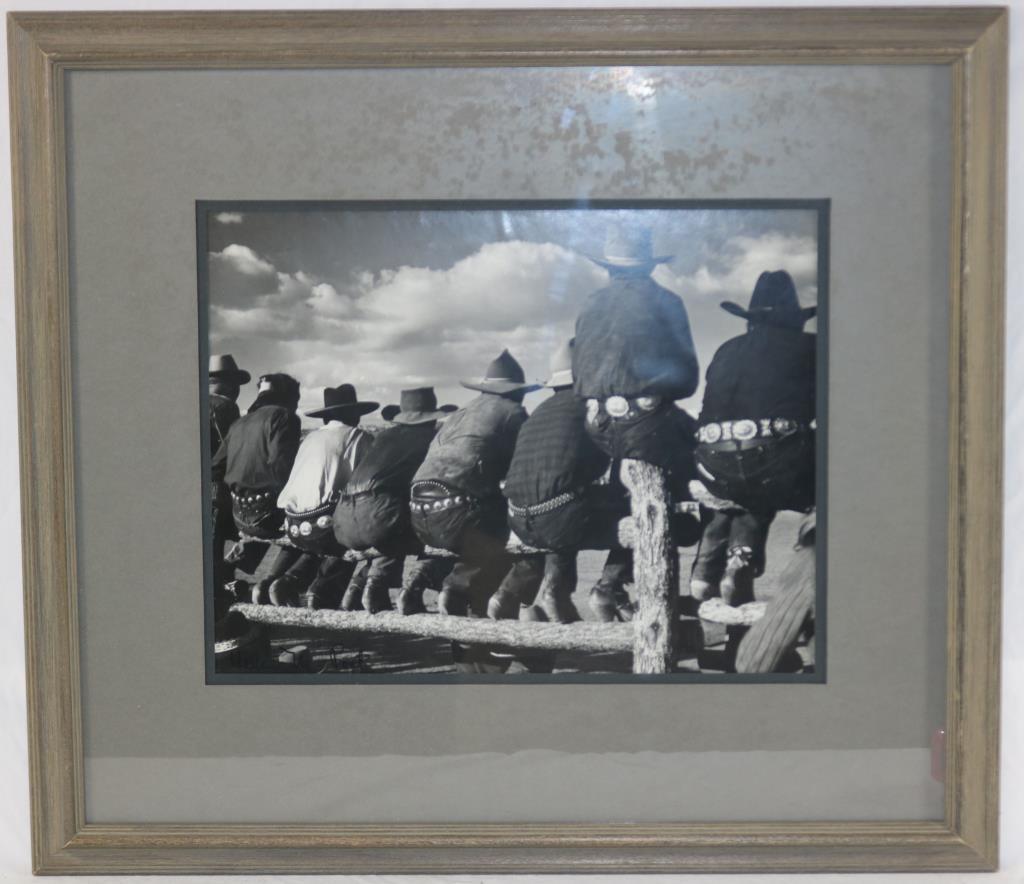 WPA ERA BLACK & WHITE PHOTO OF NAVAJO RODEO WITH: SEVERAL MEN WITH CONCHA BELTS & COWBOY BOOTS, 10" X 13" SIGHT, 19 1/4" X 21 1/2" OVERALL BY HELEN POST SISTER OF FAMOUS MARION POST WALCOTT