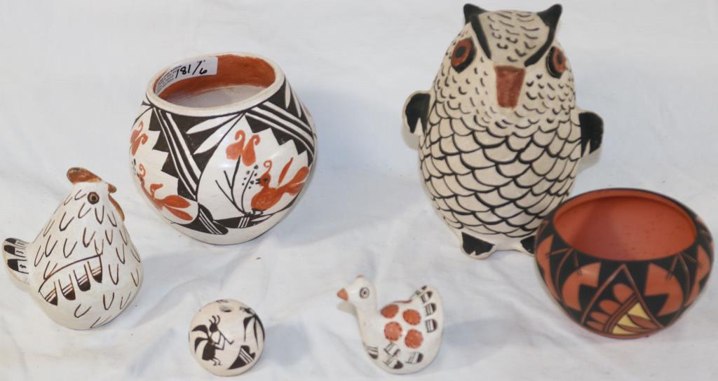 LOT OF 6 ACOMA POTTERY ITEMS TO INCLUDE A MINI: SEED POT BY B. CERNO, CHICKEN C. 1950-1960 MARIE Z. CHINO BORN 1907 DIED 1982, OWL FIGURE LEE CONCHO APPROX. 5" H, SMALL OLLA BY D. LEWIS BORN 1927 DIED 2005 WITH BIRD DESIGN APPROX. 4" H, 4" DIA., SM