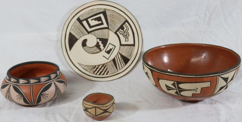 LOT OF 3 PCS. OF ZIA POTTERY & A FLAT TRAY BOWL: BY YVONNE SHIJE GRAYSON BORN 1961-PRESENT 2 3/4" H, 5 3/4" DIA. SMALL POT BY 8 YR OLD S. PINO 1 1/2" H, 2 1/2" DIA. 1960S BOWL 3 1/2" H, 8" DIA., FLAT TRAY BUFFALO MAIDEN BY MARY C. AMI 7 1/2" DIA.