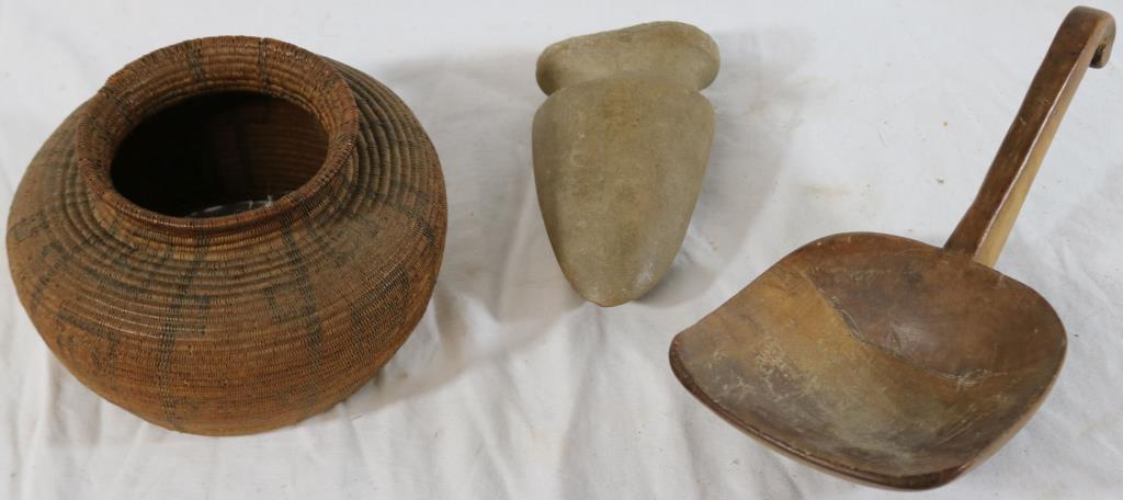 LOT OF 3 ITEMS TO INCLUDE WOODLANDS CARVED SCOOP,: STONE AXE HEAD AND AN EARLY FINELY WOVEN BASKET MISSING BOTTOM, SCOOP 10" L, AXE 6" L, BASKET 4 1/4' H, 6 3/4" DIA.