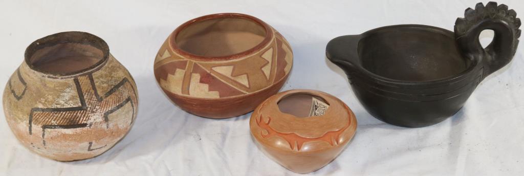 LOT OF 4 POTTERY ITEMS TO INCLUDE OIL LAMP BY BIT: MEAT CHEROKEE N.C. 6" H, 6" W, 9 1/2' DEEP TONY MIRABAL WATER SERPENT CARVED BOWL C. 1890 TAOS PUEBLO 3" H, 4 3/4" DIA. SAN JUAN BOWL 4" H, 7" DIA. WITH MUSEUM MARKINGS, EARLY ZUNI POTS SHOWS CLAY LOS