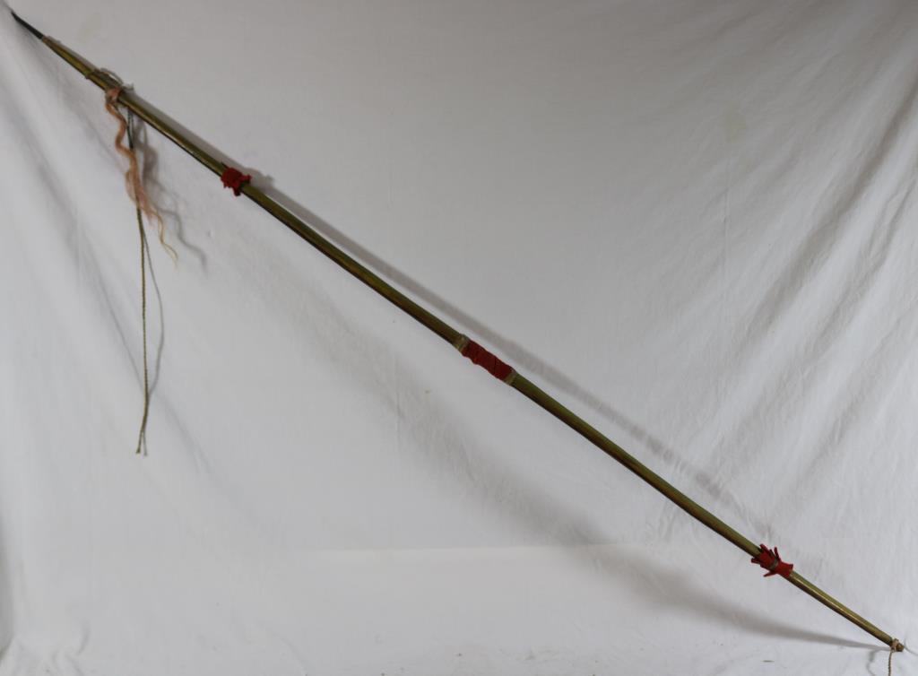 CEREMONIAL SPEAR, IRON POINT, PAINTED SHAFT WITH: FELT, HORSE HAIR DECORATION, APPROX. 56 1/2" L