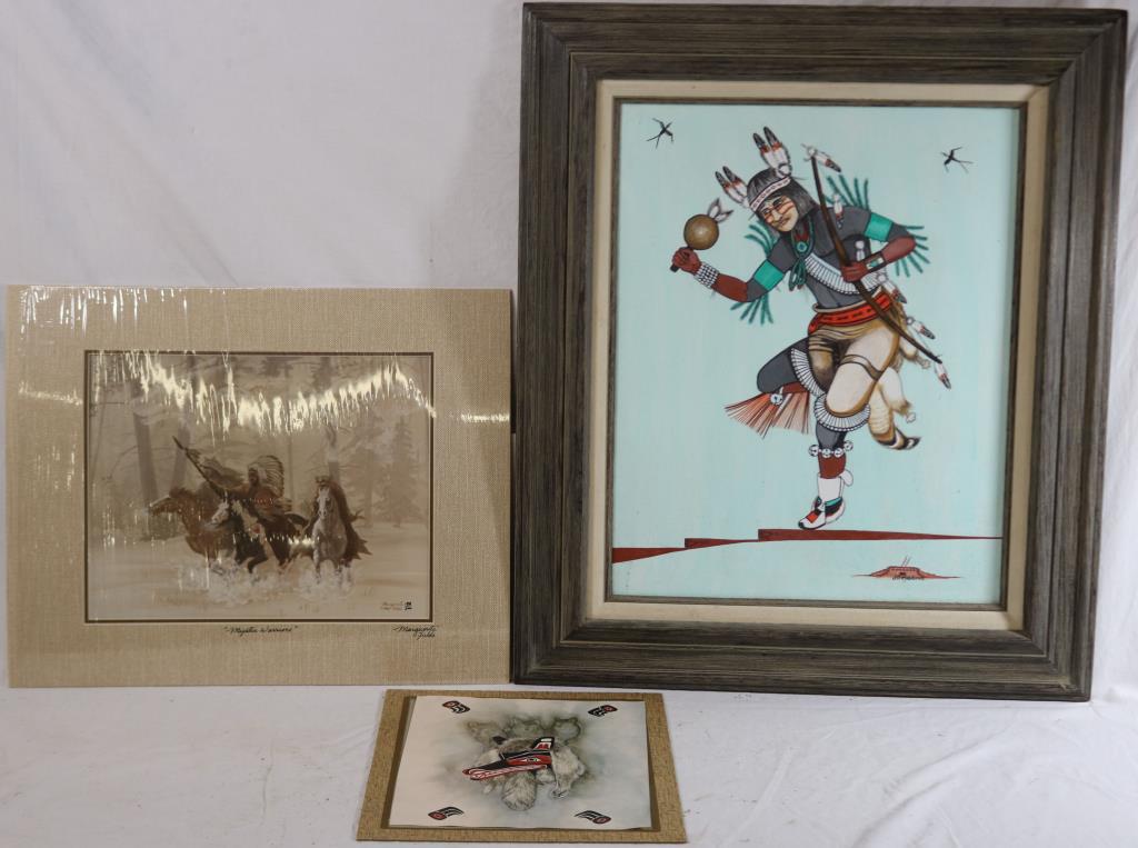 LOT OF 3 ART WORKS TO INCLUDE OIL ON CANVAS,: KACHINA DANCER BY J.D. MEDINA APPROX. 20" X 15 12/ 'SIGHT, 27 1/2" X 23 1/4" OVERALL SIGNED & NUMBERED PRINT ENTITLED MYSTIC WARRIORS BY MARGERITE FIELDS BORN 1942, 11" X 13 3/4" SIGHT, AND A PRINT BY