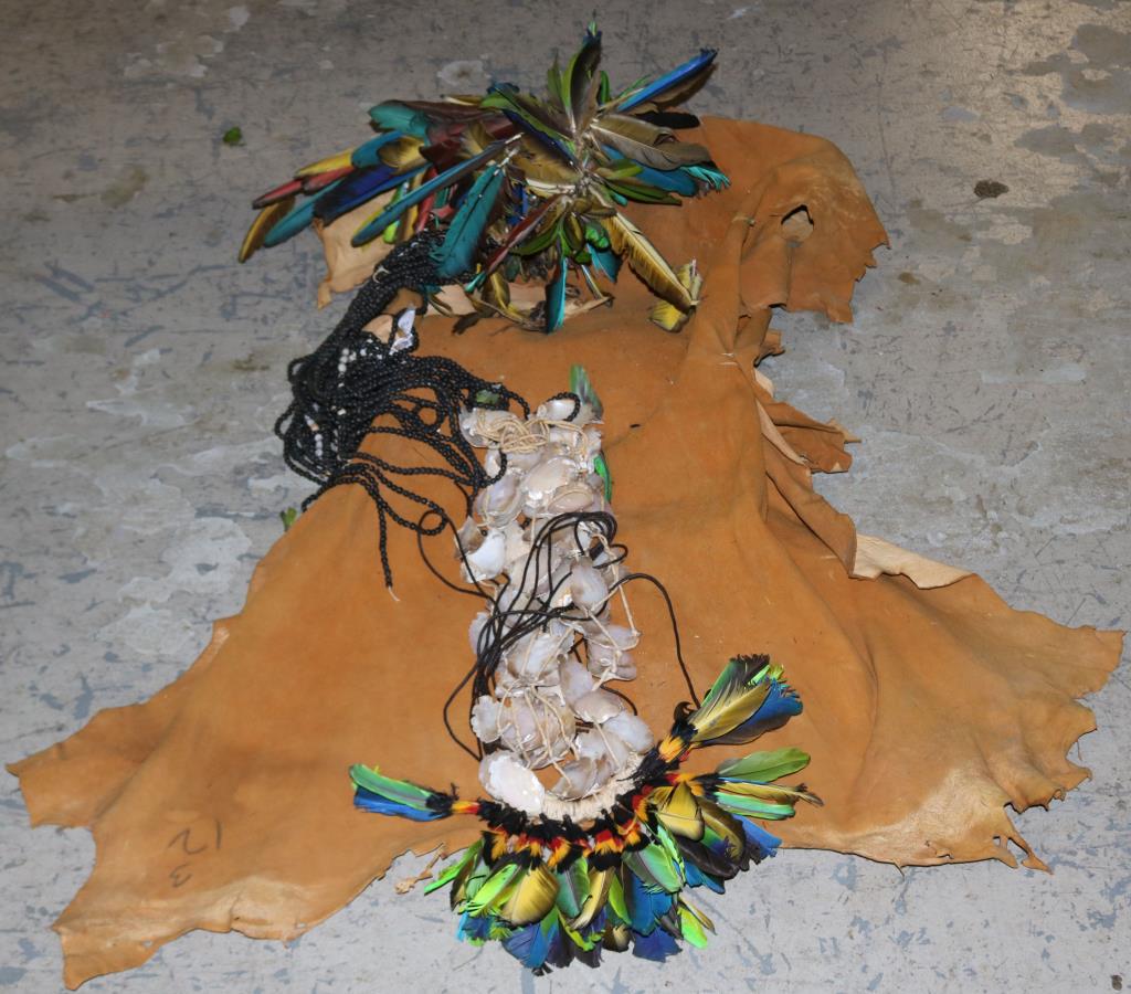 SOUTH AMERICAN FEATHERED & BEADED DRESS: ON HIDE, SOME MISSING FEATHERS, UNKNOWN SIZE