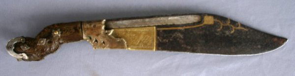 KNIFE: 19TH C. CARVED HORN HANDLE WITH SILVER & BRASS INLAID HANDLE & BLADE 12" L